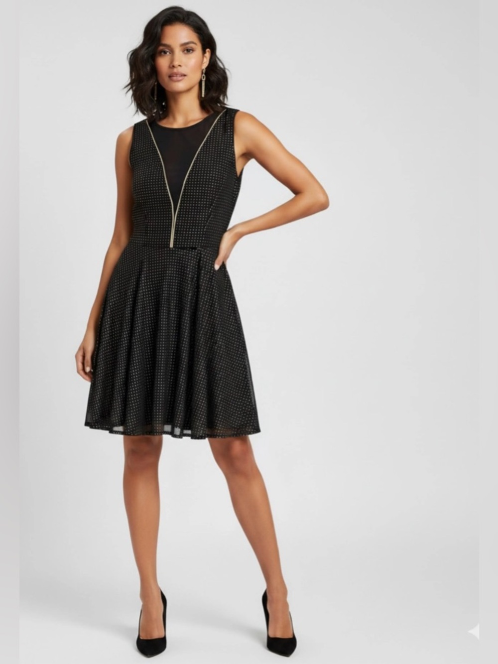 Express Black Polka Dot A-Line Mini Dress Mesh V-Neck Gold Accents Size 6